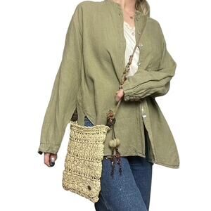 Cappelli Straworld Tan Woven Straw Boho Crossbody Bag Beaded Strap Tassel Purse